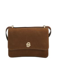 Brun ruskinds crossbody-taske med klaplukning og dobbel B-logo i guldfarve foran, tynd justerbar skulderrem.