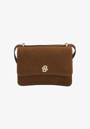 Ruskea mokkanahkainen olkalaukku, jossa läpällinen suljin ja etuosassa kultaiset B-kirjaimet kaksinkertaisena logona, ohut säädettävä olkahihna.