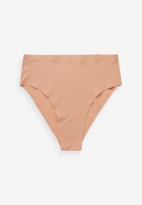 Bezšvové spodné diely plaviek v telovej farbe s vysokým pásom a stredným krytím, položené na bielom pozadí.