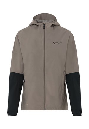 Waterdichte VAUDE-jack in lichtbeige met zwarte mouwen. Voorzien van een volledige ritssluiting, verstelbare capuchon en een subtiele logo op de borst.