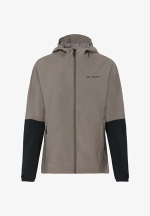 Waterdichte VAUDE-jack in lichtbeige met zwarte mouwen. Voorzien van een volledige ritssluiting, verstelbare capuchon en een subtiele logo op de borst.