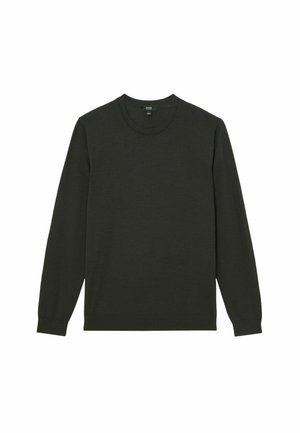 Suéter de manga larga verde oscuro con cuello redondo, hecho de una tela suave y lisa, con puños acanalados y detalle en el dobladillo.