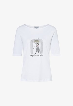 White shirt with graphic of a woman holding an umbrella, striped dress, musical notes, and text "singin' in the rain" on front.