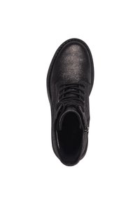 Schwarze Stiefelette mit metallischem Finish, runder Zehenform, Schnürung vorne, weicher Innenauskleidung und seitlichem Reißverschluss für einfachen Einstieg.