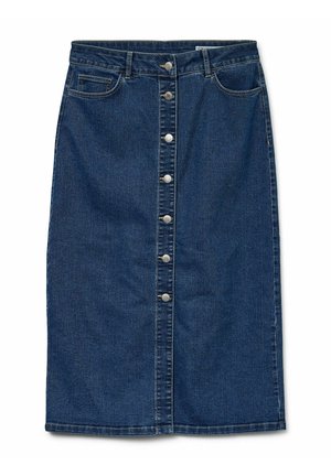 Denim skirt with a straight design, mid-length, dark blue fabric, featuring a front button placket and two side pockets.