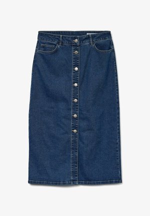 Jeanskjol med rak design, midilång, mörkblått tyg, med knäppning fram och två sidofickor.