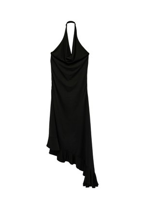 Robe noire à encolure licou avec décolleté drapé et ourlet asymétrique bordé de volants.
