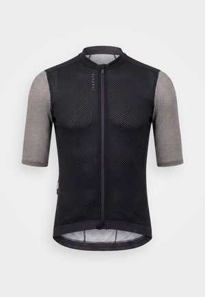 Lyhythihainen musta pyöräilypaita vetoketjulla edessä, verkkohihoilla ja korkealla kauluksella, suunniteltu hengittävyydelle ja istuvalle mallille.