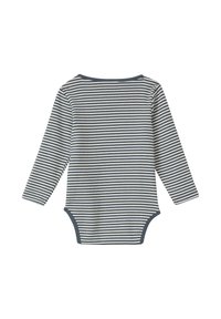 Gestreifter Langarm-Body in Hellgrau und Marineblau, aus weichem Baumwollmaterial mit Druckknöpfen am Boden und einem abgerundeten Halsausschnitt.