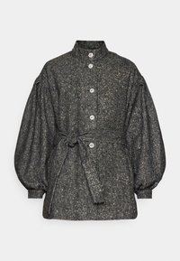 Black and gold textured jacket with a high collar, puffed sleeves, front buttons, and a belted waist. Features a sleek silhouette.