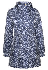 Navy rain jacket with white star pattern, drawstring waist, zip and snap closures, adjustable hood, and elasticized cuffs for a fitted look.