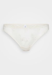 White lace thong with floral embroidery, featuring sheer fabric, a soft waistband, and intricate leaf patterns for added detail.