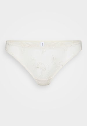 Hvit blonde truse med blomsterbroderi, med gjennomsiktig stoff, myk midje og intrikate bladmønstre for ekstra detaljer.