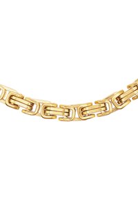 Goldfarbener Kettenhalsreifen mit ineinandergreifenden rechteckigen Gliedern und strukturierter Oberfläche. Glatte und glänzende Akzente verleihen ein modernes Design.