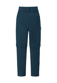 Pantalons zippés bleus avec taille élastique, dotés d'une texture lisse, d'une coupe droite et de poches utilitaires sur les côtés.