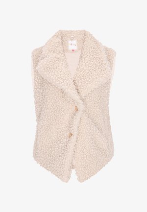 Vesta din polar bej, pufoasă, cu un guler lat, deschis în față și trei butoane decorative. Suprafață texturată cu un aspect moale și confortabil.