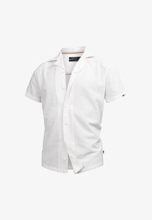 Rövid ujjú, fehér ing, texturált anyagból, kivágott gallérral, öt gombbal és egy kis díszítéssel az ujjaknál.