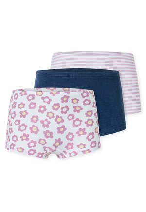 Tre paia di pantaloni corti da ragazzo: uno con fiori rosa su sfondo bianco, uno blu navy uniforme e uno a righe rosa e bianche. Tessuto in misto cotone, vita elasticizzata.