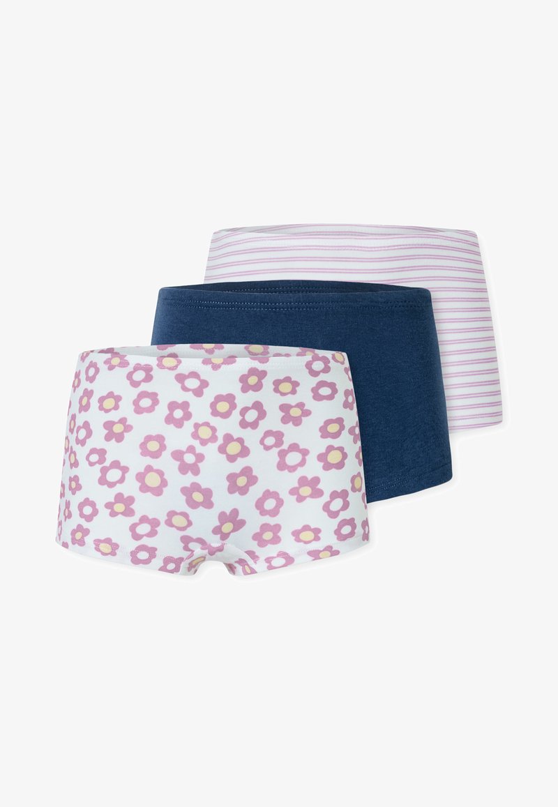 Kolme paria poikashortseja: yksi vaaleanpunaisilla kukilla valkoisella pohjalla, yksi yksivärinen laivastonsininen ja yksi vaaleanpunaisiin ja valkoisiin raidoitettu. Puuvillasekoitekangas, joustava vyötärö.