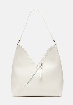 Biała skórzana torebka na ramię o luźnym kształcie, z górą w kształcie litery V oraz ukośną kieszenią na zamek z detalem w postaci chwostu.