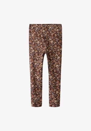 Leggings pour enfants de couleur marron avec un motif floral intégral dans des tons beige, orange et gris, dotées d'une taille élastique.