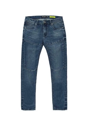 Blauwe denim jeans met een slim fit, voorzien van contrasterende stiksels, vijf zakken en een knoopsluiting. De stof heeft een licht gestructureerd uiterlijk.
