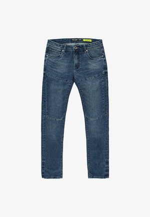 Blauwe denim jeans met een slim fit, voorzien van contrasterende stiksels, vijf zakken en een knoopsluiting. De stof heeft een licht gestructureerd uiterlijk.