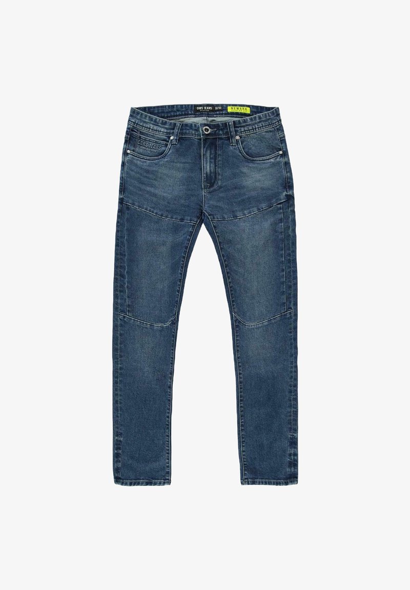 Blauwe denim jeans met een slim fit, voorzien van contrasterende stiksels, vijf zakken en een knoopsluiting. De stof heeft een licht gestructureerd uiterlijk.