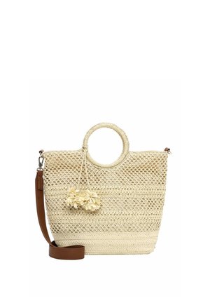 Beige gewebte Handtasche mit runden Griffen, dekorativen Blumen und abnehmbarem braunem Schulterriemen.