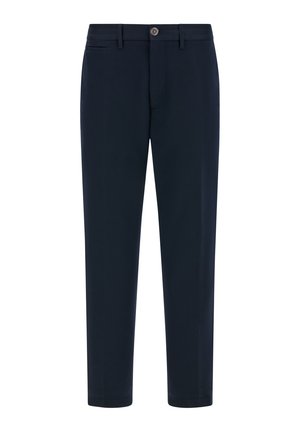 Pantalons bleu marine en tissu lisse, avec une fermeture à bouton, deux poches latérales et une coupe droite ajustée.