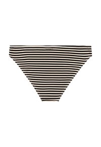 Čierno-béžové horizontálne pruhované spodné diely bikín s nízkym pásom a malým logom „protest“ uprostred pásu.