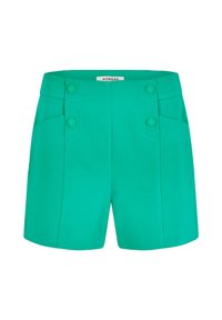 Shorts verts en tissu lisse, avec une taille haute, des poches avant et des boutons décoratifs de chaque côté.