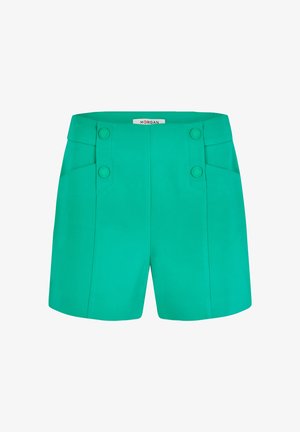 Green shorts made from smooth fabric, featuring a high waist, front pockets, and decorative buttons on either side.