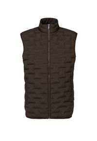Gepolsterte Weste in Dunkelbraun, mit steilem Kragen, vorderem Reißverschluss und zwei seitlichen Taschen, mit gestepptem Textil und ohne Ärmel.