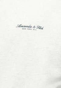 Hellgraues Sweatshirt mit einem kleinen Logo in Dunkelblau, auf dem in kursiver Schrift "Abercrombie & Fitch, New York, N.Y." steht. Weiche Textur.
