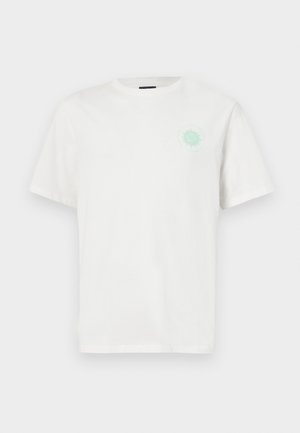 White cotton t-shirt with a round neckline and short sleeves. Features a light green spiral logo printed on the left chest.