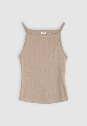 Débardeur pour femme en tricot côtelé beige, à fines bretelles et bords festonnés, posé à plat sur un fond clair.