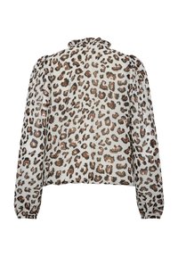 Blusa in stampa leopardata realizzata in tessuto leggero e trasparente; presenta un colletto arricciato e maniche lunghe con polsini elasticizzati. La palette di colori comprende beige, marrone e nero.