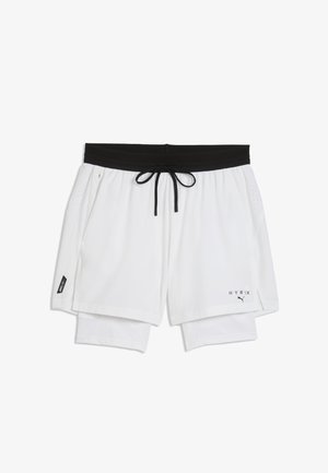 Witte atletiekshorts met ingebouwde compressielaag, zwarte tailleband met trekkoord en HYROX- en Puma-logo's aan de voorkant.