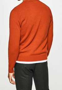 Punainen neulottu pusero, jossa on resorit kauluksessa ja hihoissa, ja teksturoitu pinta. Päällä valkoinen paita ja tummat housut.