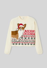 Pull en tricot crème avec un Corgi portant un chapeau de Santa et le texte "JOYEUSES DOGMAS". Motifs festifs de nœuds et de cœurs en rouge et vert.