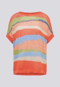 Kurzärmliger, locker gestrickter Pullover in orange, blau, grün und cremefarbenen horizontalen Streifen. Rundhalsausschnitt und strukturierter Stoff.