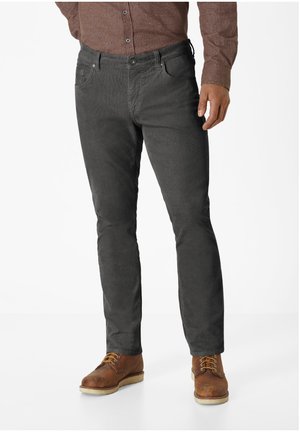 Gray cotton trousers with a slim fit, featuring front pockets, a button fly, and a smooth texture. Paired with brown lace-up boots.