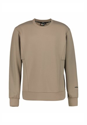 Beige Sweatshirt mit langen Ärmeln aus weichem Stoff, mit Rundhalsausschnitt, abgesteppten Details, elastischen Bündchen und einer Seitentasche.
