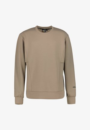 Sweat-shirt beige à manches longues en tissu doux, avec un col rond, des coutures décoratives, des poignets élastiques et une poche latérale.