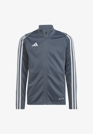 Gray athletic jacket with a high collar, full zip, white three-stripe design on sleeves, and subtle textured fabric. Features logo at chest.
