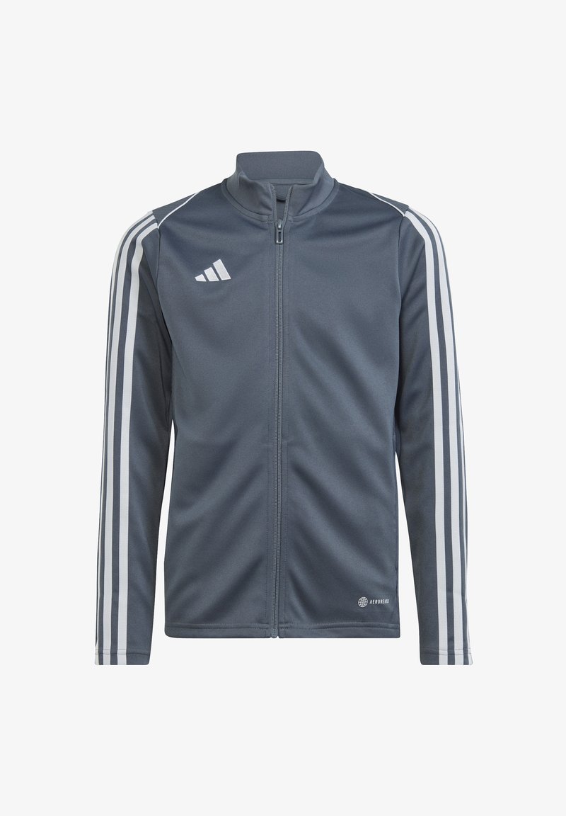 Gray athletic jacket with a high collar, full zip, white three-stripe design on sleeves, and subtle textured fabric. Features logo at chest.