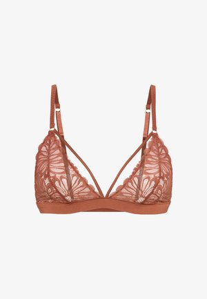 Bralette en dentelle couleur rouille avec motif floral, doté de bretelles ajustables et d'une bande inférieure lisse pour un bon maintien.