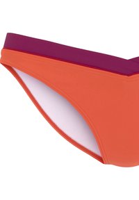 Oranža bikini apakša ar vienkāršu dizainu un plašu purpura joslu viduklī. Gluda tekstūra ar baltu iekšējo oderi.