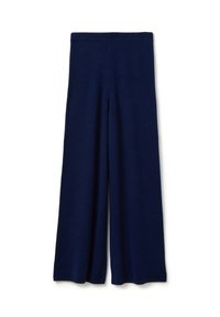 Pantalons tricotés bleu marine à jambe large avec une taille élastique, présentés à plat sur un fond blanc.